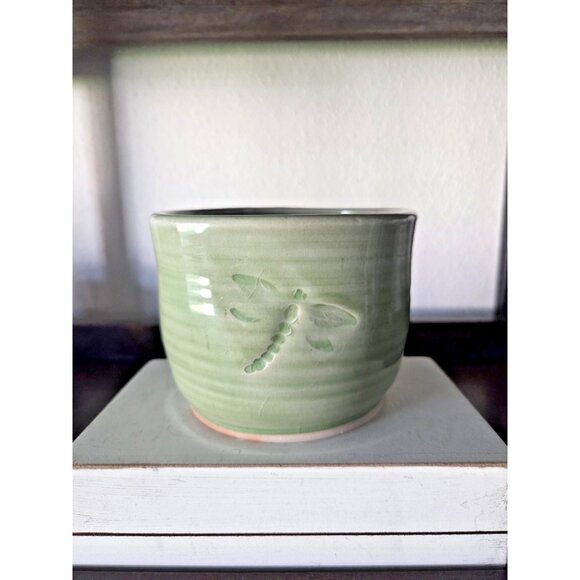 Studio Pottery Green Dragonfly Cup Bowl Handmade Celadon Glaze Signed Vintage - Picture 1 of 7